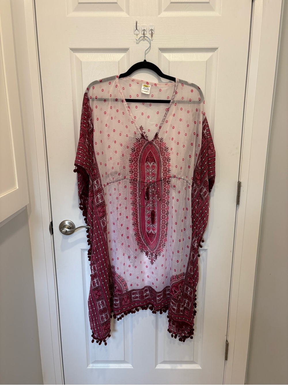 Vintage Rima Boho Red Printed Kaftan Top with Pom Trim #1251